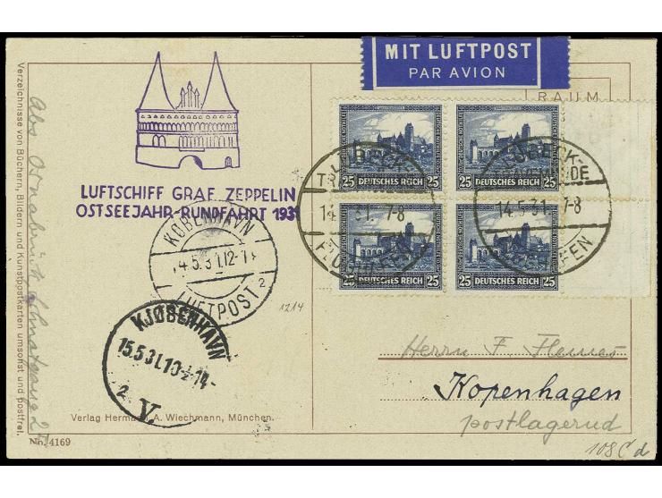 Nothilfe 25 Pfg. im Rand-4er-Block auf Karte der Zeppelin-Ostseejahr-Rundfahrt nach Kopenhagen, Kabinett (Mi. 270,-)