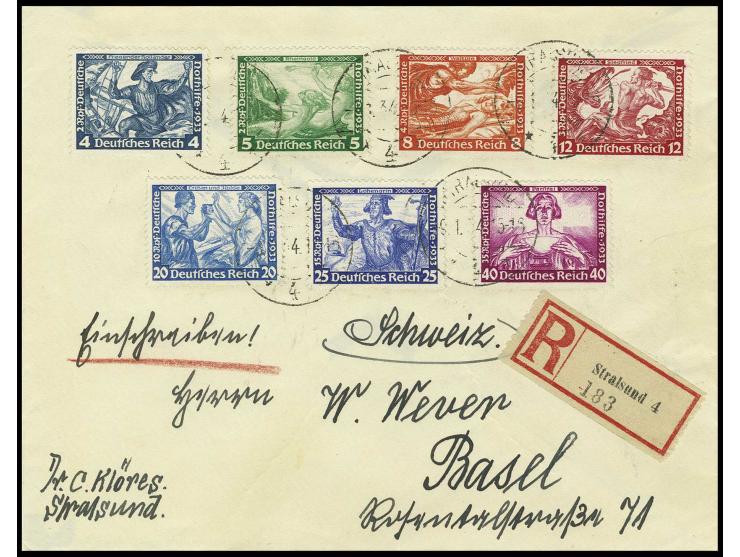4, 5, 8, 12, 25 und 40 Pfg. sowie 20 Pfg. in Zähnung B auf R-Brief von "STRALSUND 9.1.34" nach Basel mit Ankunftsstempel, Kab