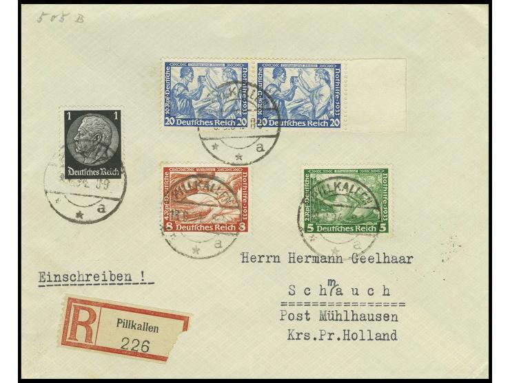 20 Pfg. im waagerechten Randpaar mit Zusatzfrankatur auf portogerechtem R-Brief der 2. Gewichtsstufe von "PILLKALLEN 18.6.34"