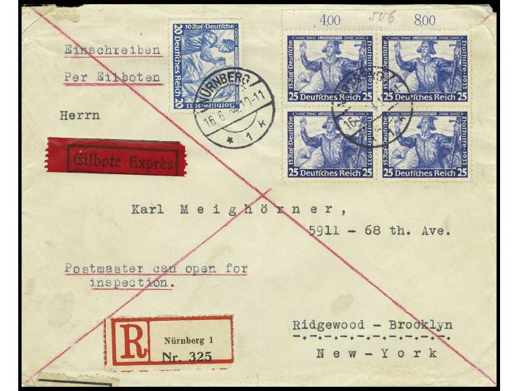 20 Pfg. mit 25 Pfg. im 4er-Block, gestempelt "NÜRNBERG 16.6.34" auf portogerechtem R-Expressbrief der 2. Gewichtsstufe (senkr