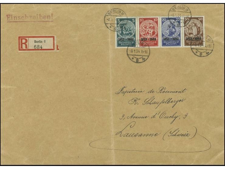 5-50 Pfg. als 4er-Block aus Block (links oben mit Eckfehler) auf überfrankiertem R-Brief von "BERLIN 3.1.34" mit rückseitiger