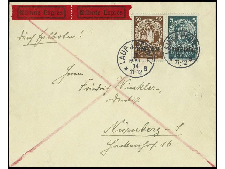 5 und 50 Pfg., gestempelt "LAUF 20.5.34" auf gering überfrankiertem Expressbrief nach Nürnberg mit Ankunftsstempel, Kabinett 