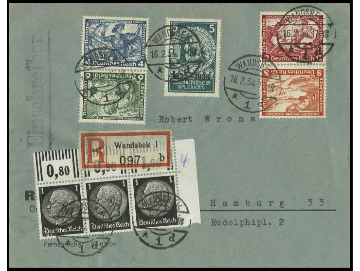 5 Pfg. mit Zusatzfrankatur, u.a. Wagner-Zusammendrucke SK19 und 20, auf portogerechtem Orts-R-Brief von "WANDSBEK 16.2.34", K