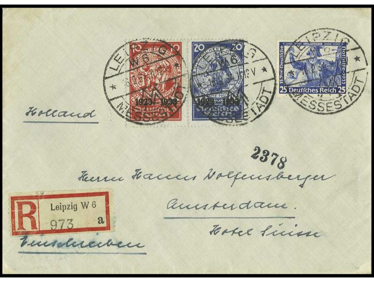 10+20 Pfg. zusammenhängend mit Wagner 25 Pfg., entwertet mit Werbestempel "LEIPZIG MESSESTADT 16.2.34" auf portogerechtem R-B