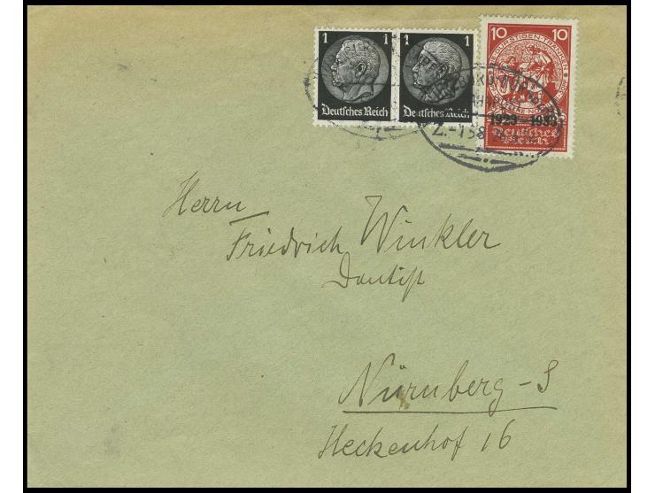 10 Pfg. mit Hindenburg 1 Pfg. im waagerechten Paar, entwertet mit Bahnpoststempel "WÜRZBURG-NÜRNBERG 26.6.34" auf portogerech