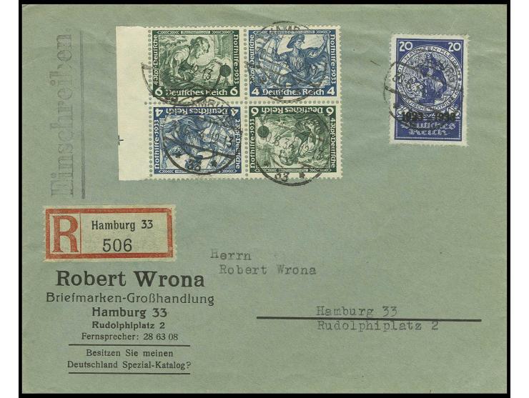 20 Pfg. mit Zusammendruck-Zusatzfrankatur SK19 (2) auf gering überfrankiertem Orts-R-Brief von "HAMBURG 30.6.34", Kabinett, s