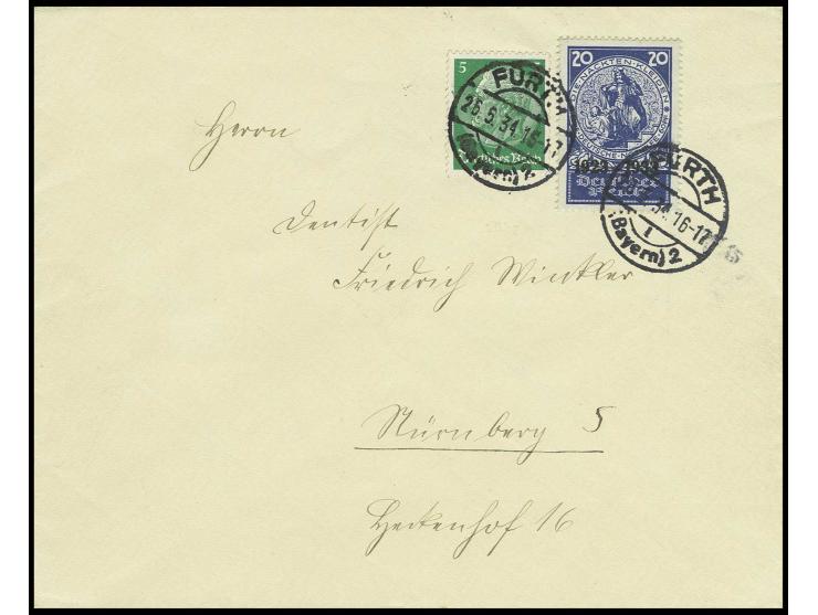 20 Pfg. mit Zusatzfrankatur Hindenburg 5 Pfg. auf um 1 Pfg. überfrankiertem Brief von "FÜRTH 25.5.34"  nach Nürnberg, Pracht 