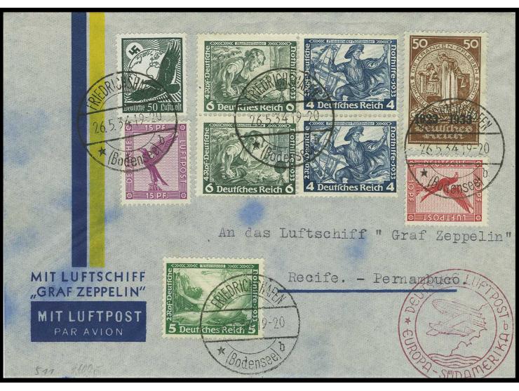 50 Pfg. mit Zusatzfrankatur, u.a. Wagner-Zusammendruck W47 (2), gestempelt "FRIEDRICHSHAFEN 26.5.34"auf portogerechtem Zeppel