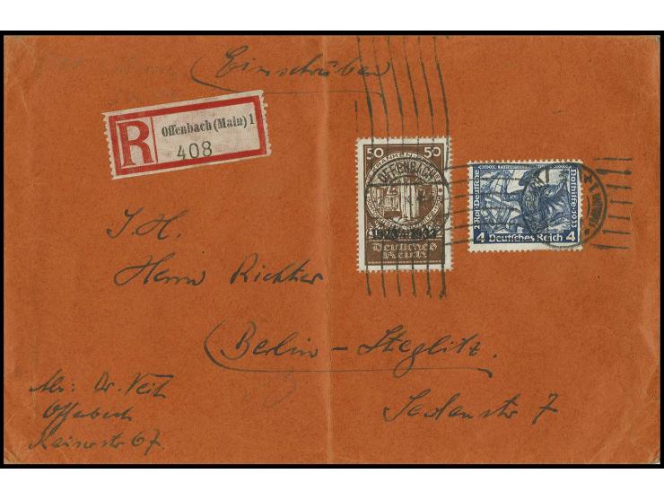 50 Pfg. mit Wagner 4 Pfg., gestempelt "OFFENBACH 2.1.34" auf portogerechtem R-Brief der 2. Gewichtsklasse (senkrecht gefaltet