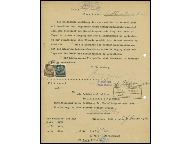Hindenburg mit Wz. Hakenkreuze: 6 Pfg., bereits entwertet und erneut verwendet auf Karte (Aktenlochung) von "NORDHORN 20.1.40