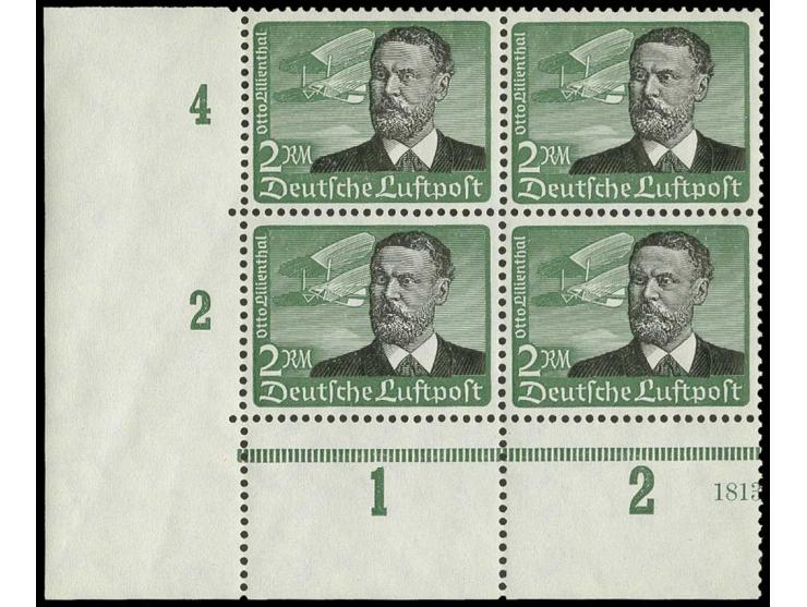 1934, Flugpost 5 Pfg.-3 M. kpl. in 4er-Blocks bzw. die 3 M. in zwei senkrechten Paaren, ein Wert 40 Pfg. und zwei Werte 3 M. 