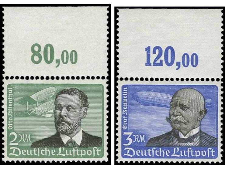 5 Pfg.-3 M. kpl., alle vom Oberrand, postfrisch mit Falzspuren im Rand; 2 M. links im Rand minimal gelbfleckig, sonst in gute