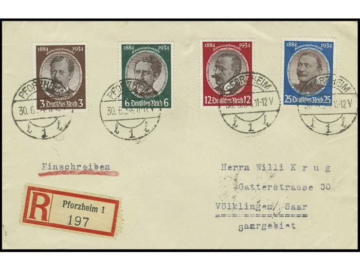 Kolonialpioniere 3-25 Pfg. kpl. mit Ersttagsstempel "PFORZHEIM 30.6.34" auf R-Brief nach Völklingen mit Ankunftsstempel, Kabi