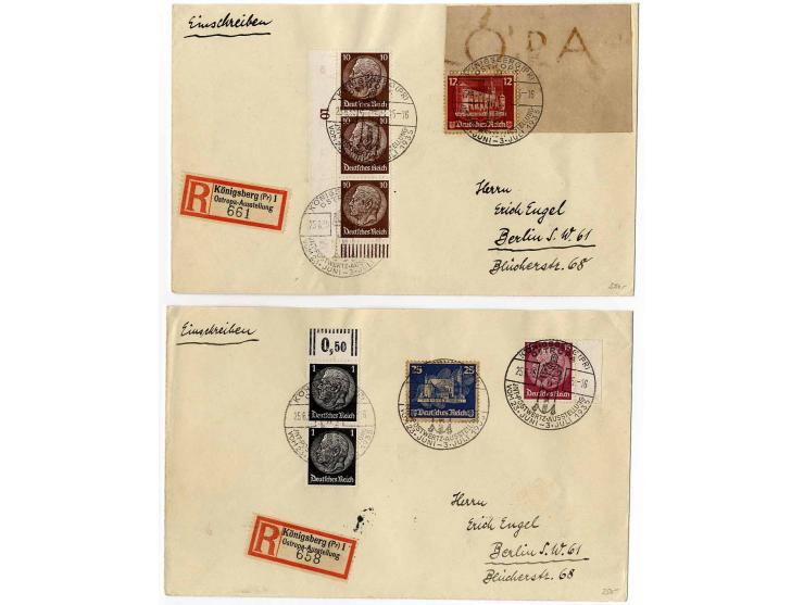 3-25 Pfg. kpl. mit teils Blockrand und jeweils Zusatzfrankatur auf 4 portogerechten Briefen, dabei 3 R-Briefe, Pracht (Mi. 56