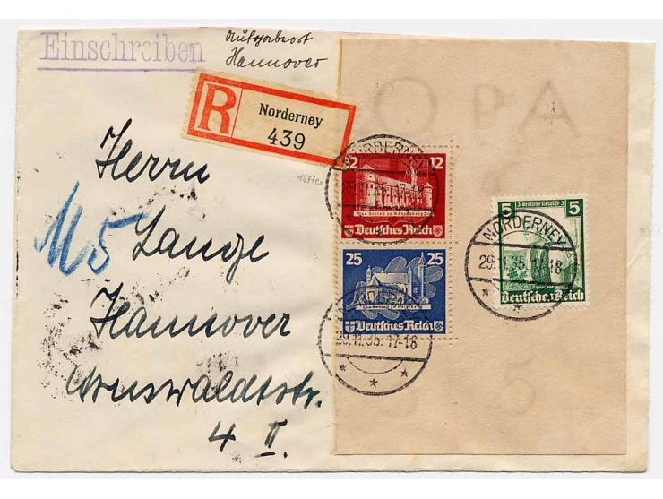 3-25 Pfg. kpl. mit jeweils Blockrand, dabei 12 und 25 Pfg. zusammenhängend, mit Zusatzfrankatur auf 2 Briefen und R-Brief, al
