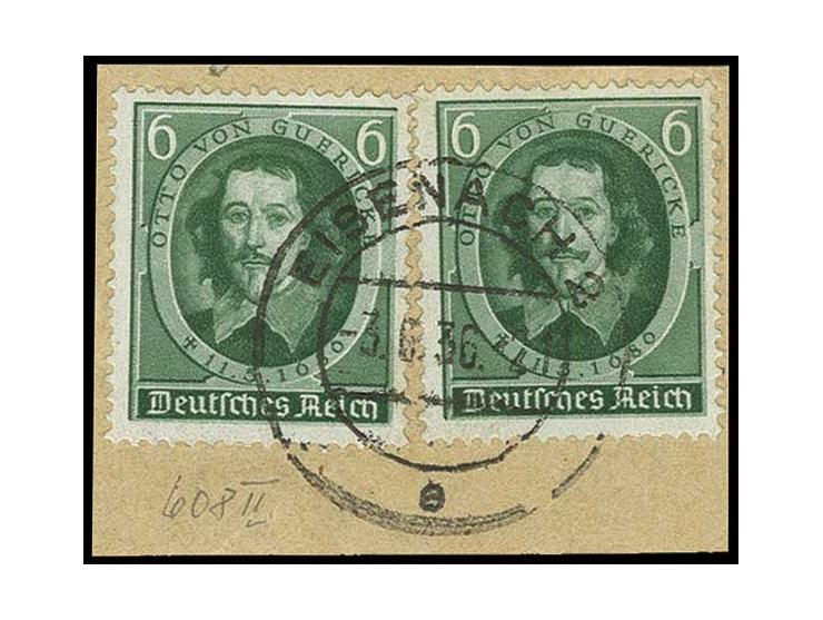 Von Guericke 6 Pfg. mit Plattenfehlern I und II, gestempelt "EISENACH 3.6.36" auf Briefstück, Pracht (Mi. 745,-)