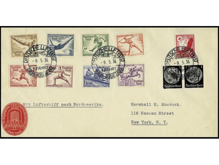 Olympische Sommerspiele 3-40 Pfg. kpl. mit Zeppelin-Bordpoststempel vom 9.5.36 auf Ersttagsbrief mit Zusatzfrankatur und rote