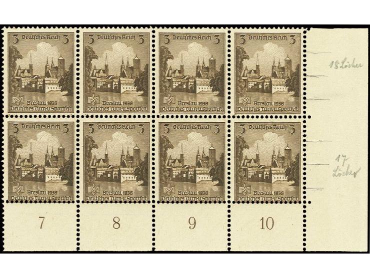1938, Turnfest 3 Pfg. im waagerechten 8er-Block aus der rechten unteren Bogenecke, dabei die untere Markenreihe mit nur 17 st