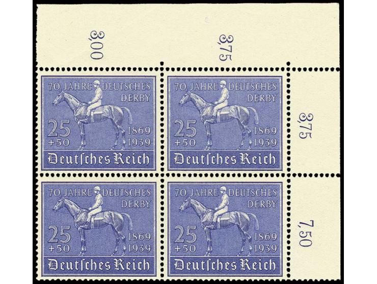 1939, Deutsches Derby 25 Pfg. im 4er-Block aus der Bogenecke, postfrisch, Pracht (Mi. 320,-)