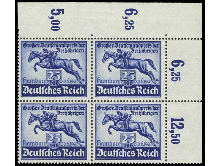 1940, Blaues Band 25 Pfg. und Braunes Band 42 Pfg. jeweils im 4er-Block aus der rechten oberen Bogenecke, postfrisch mit Falz