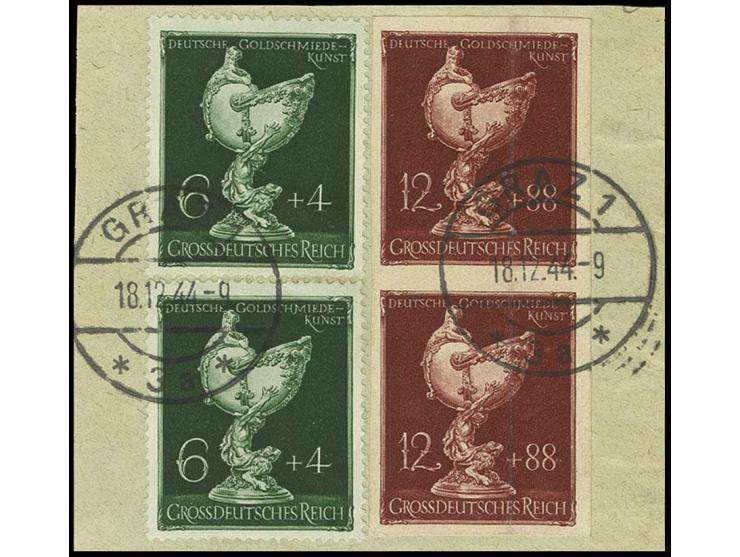 1944, Goldschmiedekunst 12 Pfg. im breitrandig ungezähnten senkrechten Paar mit zwei Werten 6 Pfg., sauber gestempelt "GRAZ 1