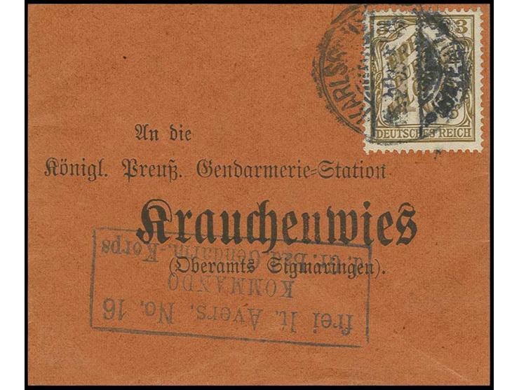 3 Pfg. auf vorgedrucktem Streifband von "KARLSRUHE" an "die Königl. Preuß. Gendarmerie-Station Krauchenwies", mit blauem Ra3 