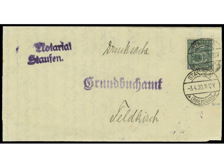 ohne Ziffer "21": 5 Pfg. als Einzelfrankatur mit klarem Stempel "STAUFEN 3.4.20" auf Drucksachen-Faltbrief, sign. Düntsch und