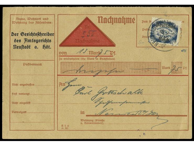 Bayern Abschied 2 1/2 M. als seltene Einzelfrankatur auf Orts-Nachnahme von "NEUSTADTa. Hdt.", Kabinett, u.a. sign. Infla