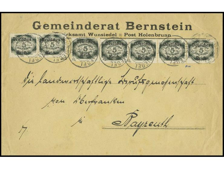 5 M., 7 Stück als Mehrfachfrankatur mit Stempel "WUNSIEDEL 30. DEZ. 23" auf Brief über 20 g nach Bayreuth, Kabinett, sign. Pe