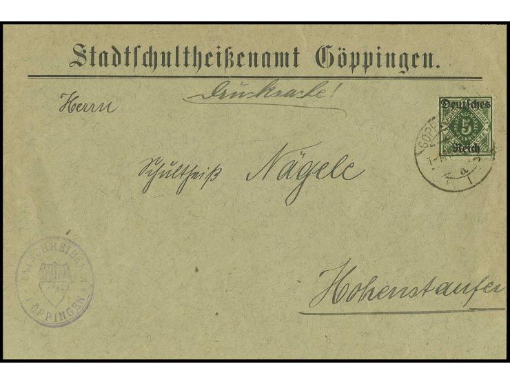 5 Pfg. auf portogerechter Drucksache von "GÖPPINGEN 7-APR.20" nach Hohenstaufen, einige Büge und Marke gering stockig, was au