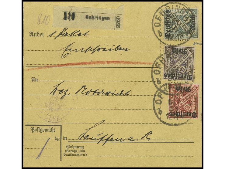 1 M. mit Zusatzfrankatur auf Paketkarte per Einschreiben von "OEHRINGEN 19.10.20", Pracht, sign. Düntsch und Infla