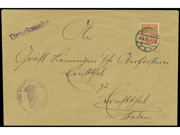 10 Pfg. mit Lochung "FM", extrem seltene Einzelfrankatur mit Stempel "DARMSTADT 24.3.21" vom Hess. Ministerium der Finanzen a