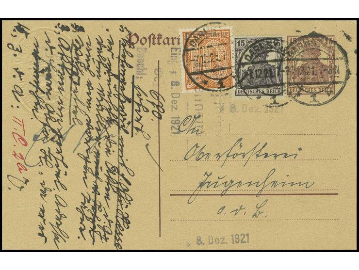 10 Pfg. mit Lochung "FM" auf Ganzsachenkarte 15 Pfg. mit Zufrankatur 15 Pfg. bedarfsgebraucht von "DARMSTADT 7.12.21" nach Ju