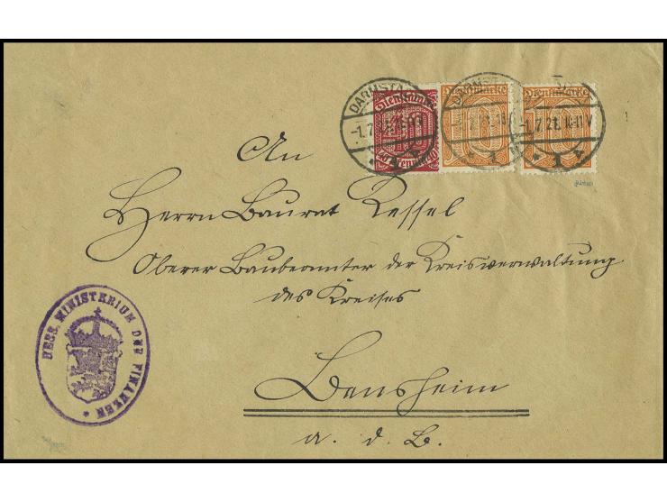 10 Pfg., 2 Werte mit 40 Pfg. mit Stempel "DARMSTADT 1.7.21" auf Brief vom Hess. Ministerium der Finanzen nach Bensheim, alle 