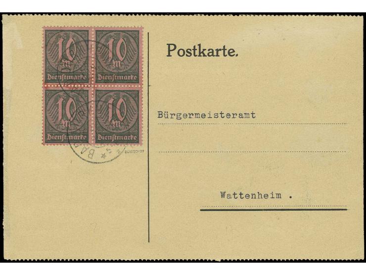 1922, 10 M. im 4er-Block mit glasklarem Stempel "BAD DÜRKHEIM 26. JUNI 23" auf Postkarte, sign. Düntsch und Infla