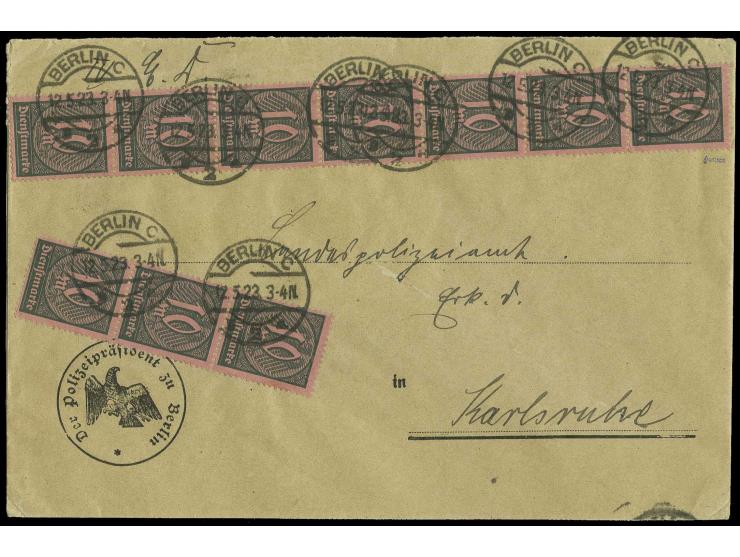 10 M. im 3er- und 7er-Streifen mit klarem Stempel "BERLIN 12.5.23" auf Brief, Pracht, sign. Düntsch und Infla