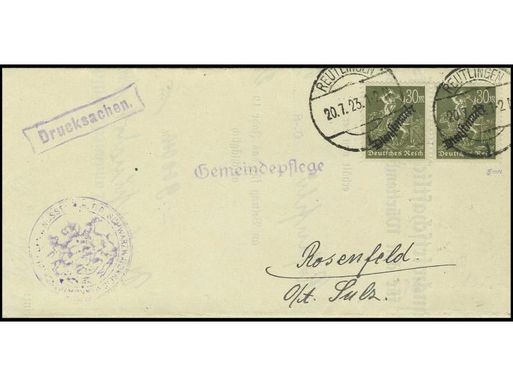 30 M. im waagerechten Paar auf Drucksache von "REUTLINGEN 20.7.23", Luxus, sign. Peschl und Düntsch (Mi. 350,-)