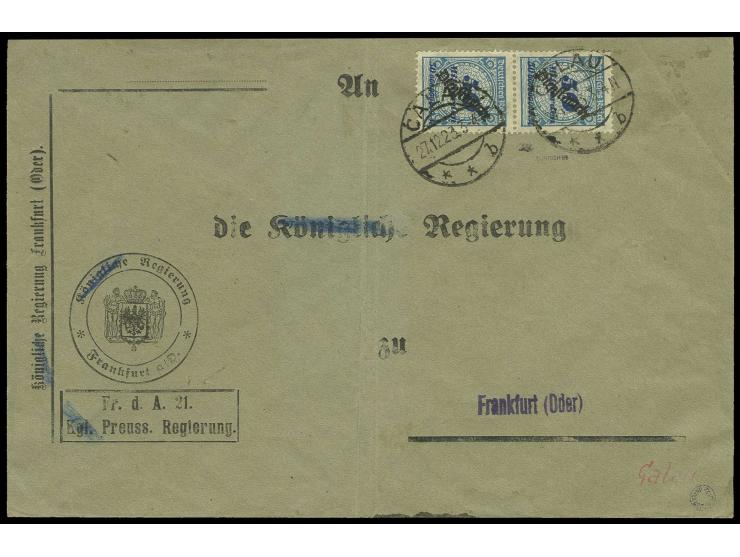 50 Mrd. M. im senkrechten Paar mit Stempel "CALAU 27.12.23" auf gedrucktem Dienstumschlag (Mittelbug) nach Frankfurt/Oder, Pr