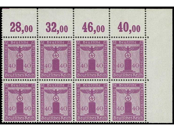 1942, Parteidienstmarke 40 Pfg. im waagerechten 8er-Block aus der rechten oberen Bogenecke, dabei über Feld 9 Fehler des Reih