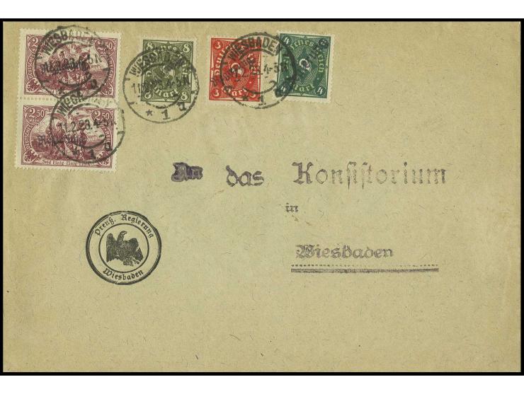 1922/23, Type I:, 2,50 M. im senkrechten Paar, 3 und 8 M. sowie Type II, 4 M., gestempelt "WIESBADEN 11.2.23" auf portogerech