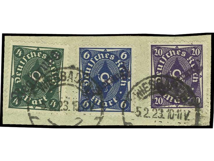 6 und 20 M. mit 4 M. in Type II, gestempelt "WIESBADEN 5.2.23" auf Briefstück, Pracht, u.a. sign. Peschl und Infla (Mi. 250,-
