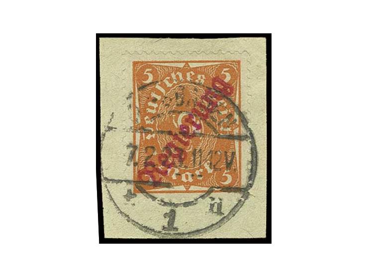 5 M. mit rotem Aufdruck, gestempelt "WIESBADEN 7.2.23" auf Briefstück, Kabinett, sign. Schwarz (Mi. 280,-)