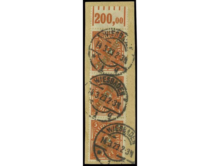 5 M. im senkrechten Walzendruck-Oberrand-3er-Streifen mit grünem Aufdruck und jeweils klarem Stempel "WIESBADEN 14.3.23" auf 