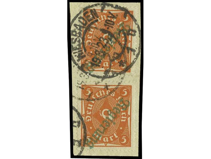 5 M., zwei Werte mit jeweils kopfstehendem grünem Aufdruck, gestempelt "WIESBADEN 19.3.23" auf Briefstück, Kabinett, sign. Pe