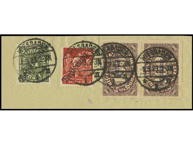 8 und 12 M. mit 100 M. in Type I im senkrechten Paar, sauber gestempelt "WIESBADEN 1.3.23" auf Briefstück, Kabinett, handschr
