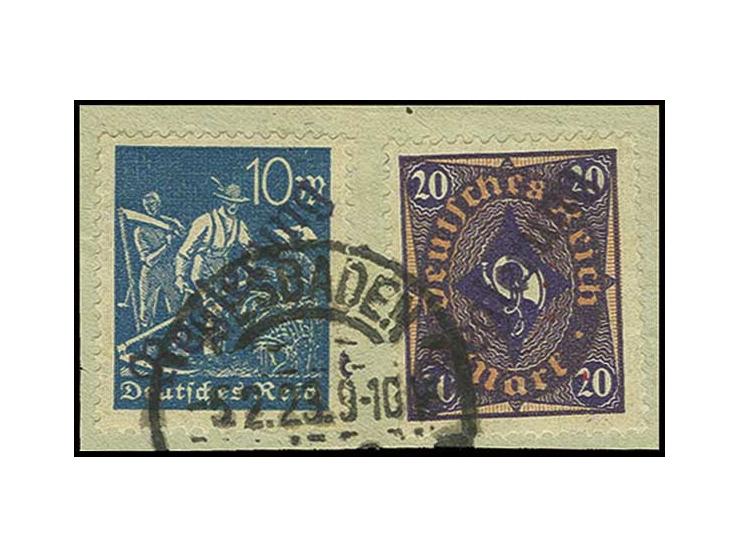 10 und 20 M., gestempelt "WIESBADEN 5.2.23" auf Briefstück, Kabinett, sign. Schwarz (Mi. 340,-)