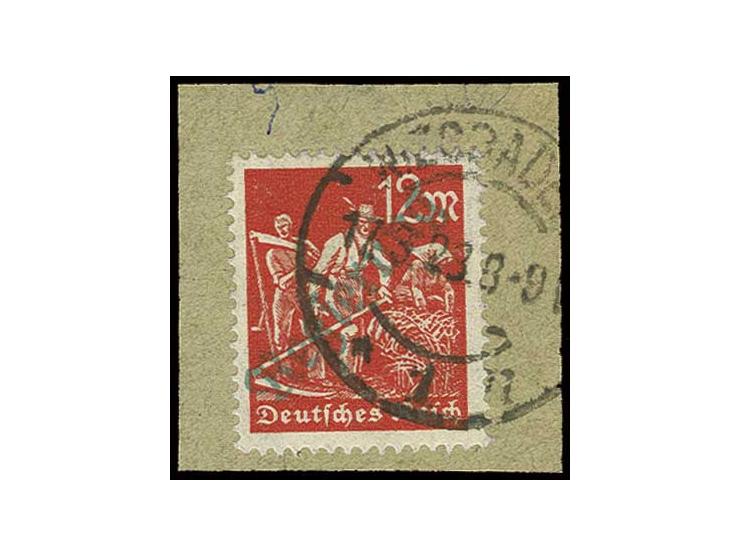 12 M. mit grünem Aufdruck und Stempel "WIESBADEN 17.3.23" auf Briefstück, Kabinett, sign. Peschl und Infla (Mi. 250,-)