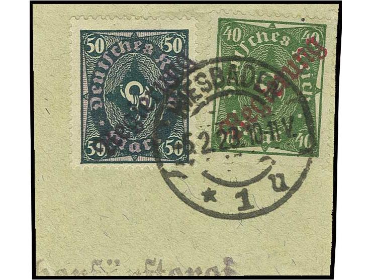 40 M. mit rotem und 50 M. mit schwarzviolettem Aufdruck, gestempelt "WIESBADEN 5.2.23" auf Briefstück, Kabinett, sign. Schwar