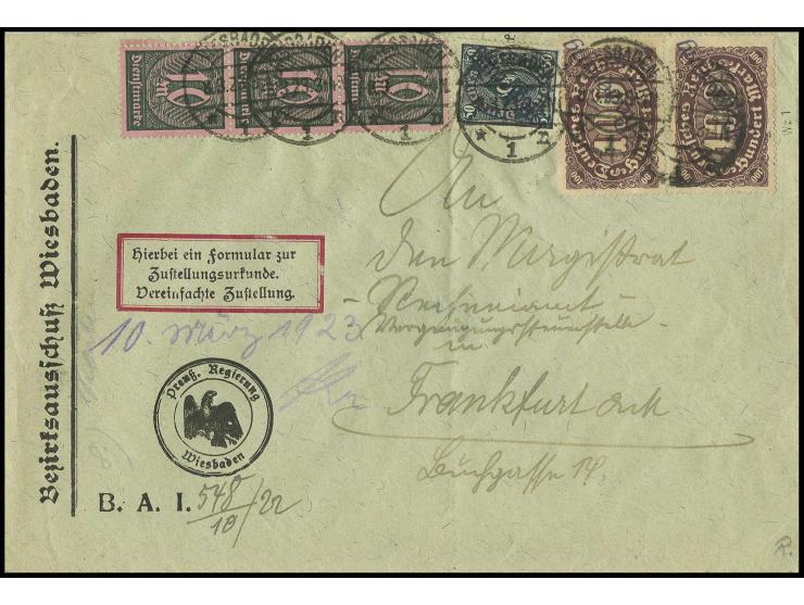 100 M. im senkrechten Paar (ein Wert leichter Eckknitter) mit 50 M. in Type II und Zusatzfrankatur auf senkrecht gefaltetem B