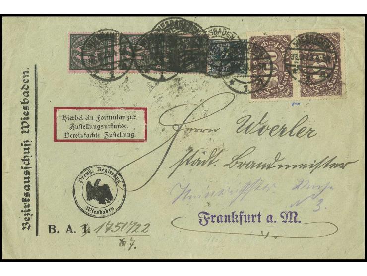 100 M. im senkrechten Paar (ein Wert ganz leichter Eckfehler) mit 50 M. in Type II und Zusatzfrankatur auf Brief mit Zustellu